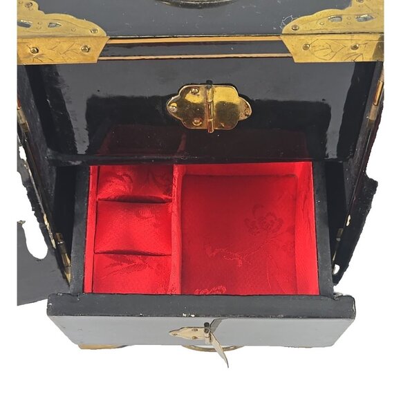 Vintage Asian Lacquer Jewelry Box Chest Brass Mother-of-Pearl Birds Flowers - Picture 11 of 15